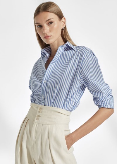 Camisa Ralph Lauren Mujer Blancos / Azules - Adrien Striped Cotton - RMIJQ1842